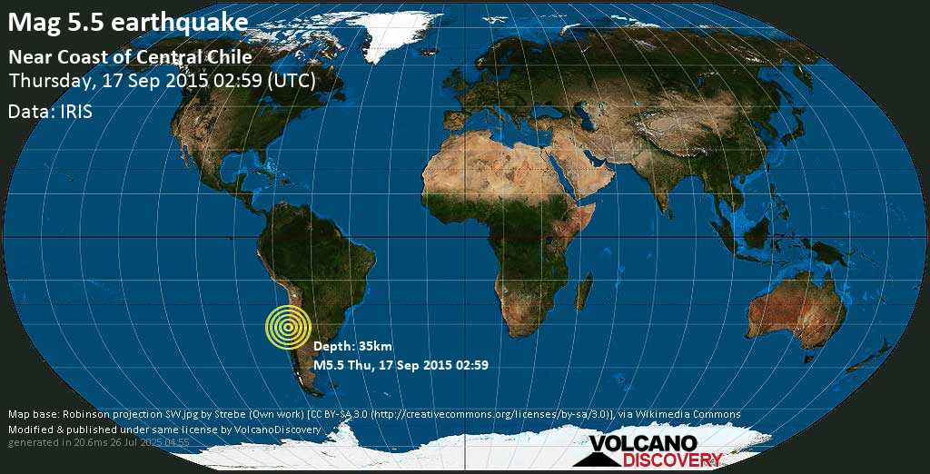 Moderate mag. 5.5 earthquake - 45 km south of Ovalle, Provincia de Limari, Coquimbo Region, Chile, on Thursday, 17 September 2015 at 02:59 (GMT)
