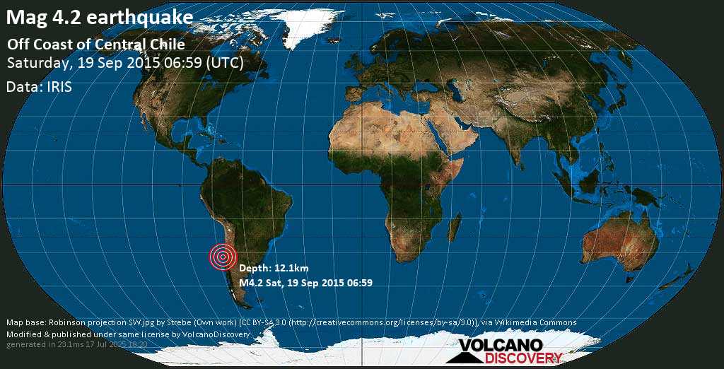 Mag. 4.1 earthquake - South Pacific Ocean, 234 km northwest of Santiago, Santiago Metropolitan, Chile, on Saturday, 19 September 2015 at 06:59 (GMT)