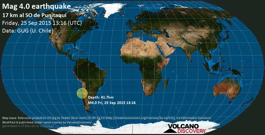 Mag. 4.0 earthquake - Limarí Province, 40 km southwest of Ovalle, Provincia de Limari, Coquimbo Region, Chile, on Friday, 25 September 2015 at 13:16 (GMT)