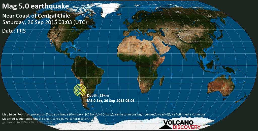 Mag. 4.4 earthquake - 27 km southwest of Ovalle, Provincia de Limari, Coquimbo Region, Chile, on Saturday, 26 September 2015 at 03:03 (GMT)