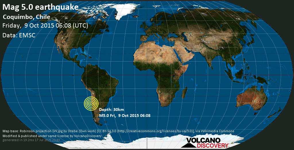 Moderate mag. 5.0 earthquake - Limarí, 38 km southwest of Ovalle, Provincia de Limari, Coquimbo Region, Chile, on Friday, 9 October 2015 at 06:08 (GMT)
