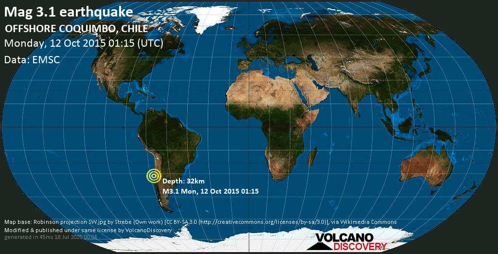 Mag. 3.1 earthquake - South Pacific Ocean, 88 km southwest of Ovalle, Provincia de Limari, Coquimbo Region, Chile, on Monday, 12 October 2015 at 01:15 (GMT)