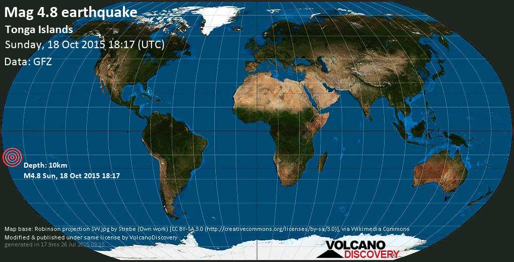 Mag. 4.9 earthquake - South Pacific Ocean, 48 km southeast of Hihifo, Niuas, Tonga, on Sunday, 18 October 2015 at 18:17 (GMT)