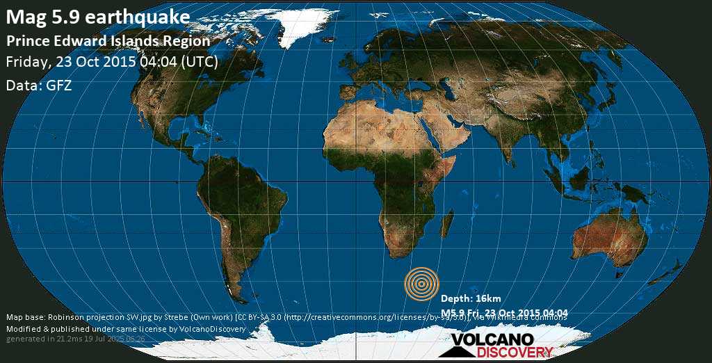 Strong mag. 6.0 earthquake - Indian Ocean, 2375 km south of Pretoria, South Africa, on Friday, 23 October 2015 at 04:04 (GMT)