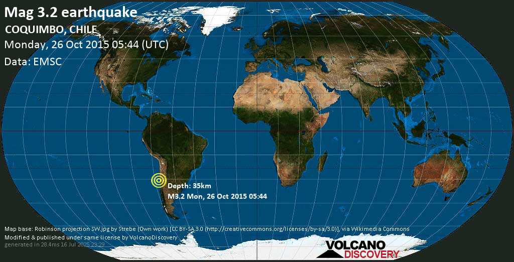 Mag. 3.2 earthquake - 43 km west of Ovalle, Provincia de Limari, Coquimbo Region, Chile, on Monday, 26 October 2015 at 05:44 (GMT)
