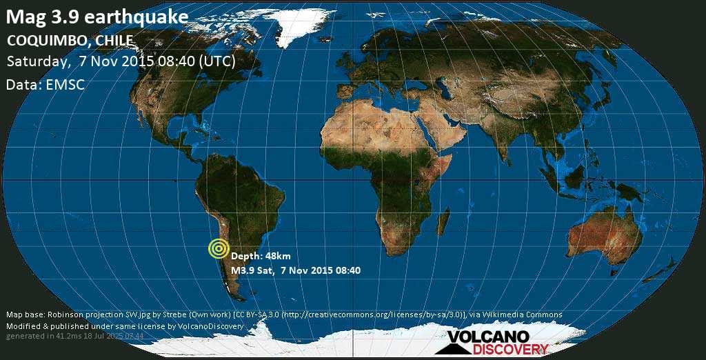 Mag. 3.9 earthquake - Limarí, 36 km southwest of Ovalle, Provincia de Limari, Coquimbo Region, Chile, on Saturday, 7 November 2015 at 08:40 (GMT)