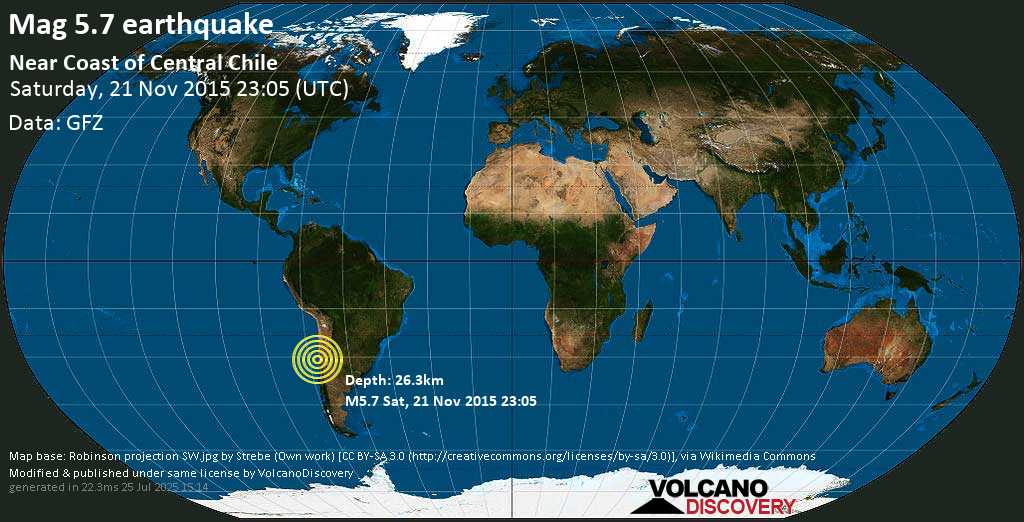 Moderate mag. 5.8 earthquake - Limarí, 34 km west of Ovalle, Provincia de Limari, Coquimbo Region, Chile, on Saturday, 21 November 2015 at 23:05 (GMT)