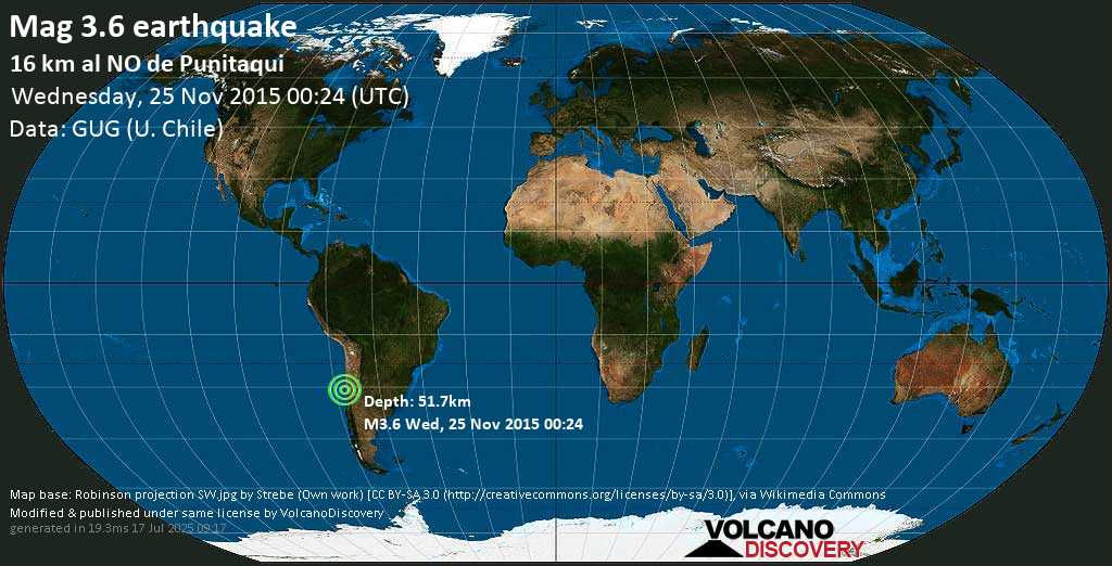 Mag. 3.6 earthquake - 18 km southwest of Ovalle, Provincia de Limari, Coquimbo Region, Chile, on Wednesday, 25 November 2015 at 00:24 (GMT)
