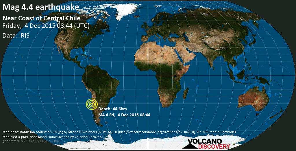 Mag. 4.4 earthquake - Limarí, 30 km southwest of Ovalle, Provincia de Limari, Coquimbo Region, Chile, on Friday, 4 December 2015 at 08:44 (GMT)