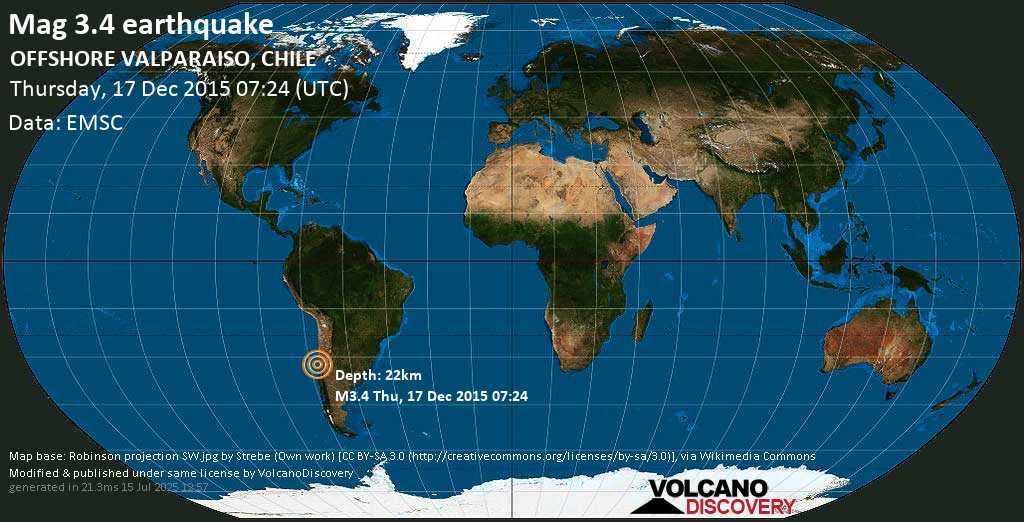 Mag. 3.4 earthquake - South Pacific Ocean, 56 km northwest of La Ligua, Petorca Province, Region de Valparaiso, Chile, on Thursday, 17 December 2015 at 07:24 (GMT)