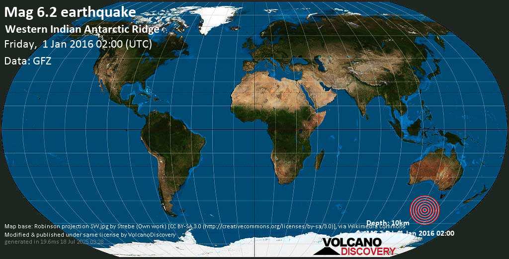 Strong mag. 6.3 earthquake - Western Indian Antarctic Ridge on Friday, 1 January 2016