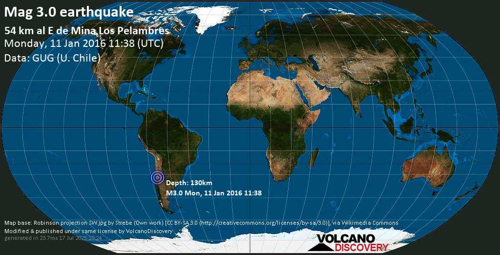 Mag. 3.0 earthquake - 78 km southwest of Calingasta, Departamento de Calingasta, San Juan, Argentina, on Monday, 11 January 2016 at 11:38 (GMT)