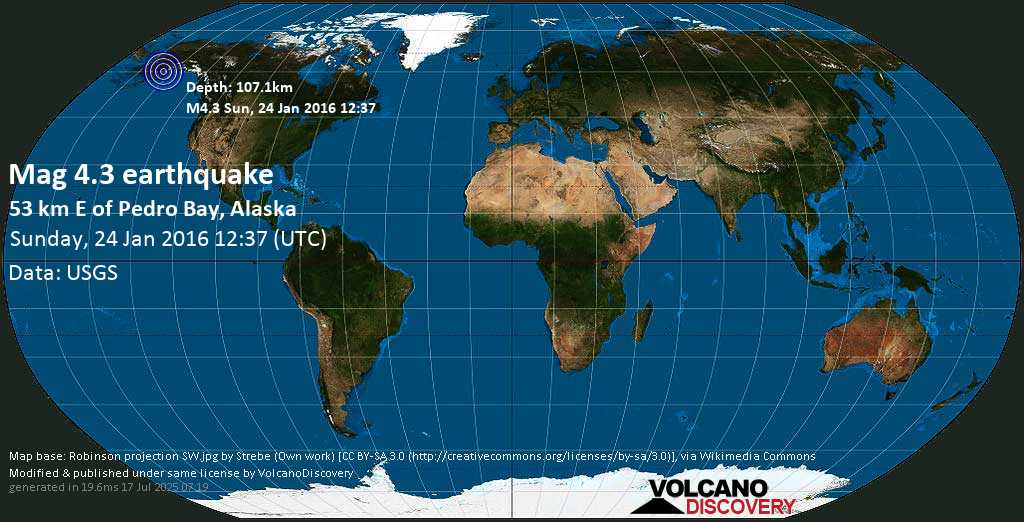 Mag. 4.3 earthquake - Kenai Peninsula County, 33 mi east of Pedro Bay, Lake and Peninsula County, Alaska, USA, on 2016-01-24 03:37:42 -09:00