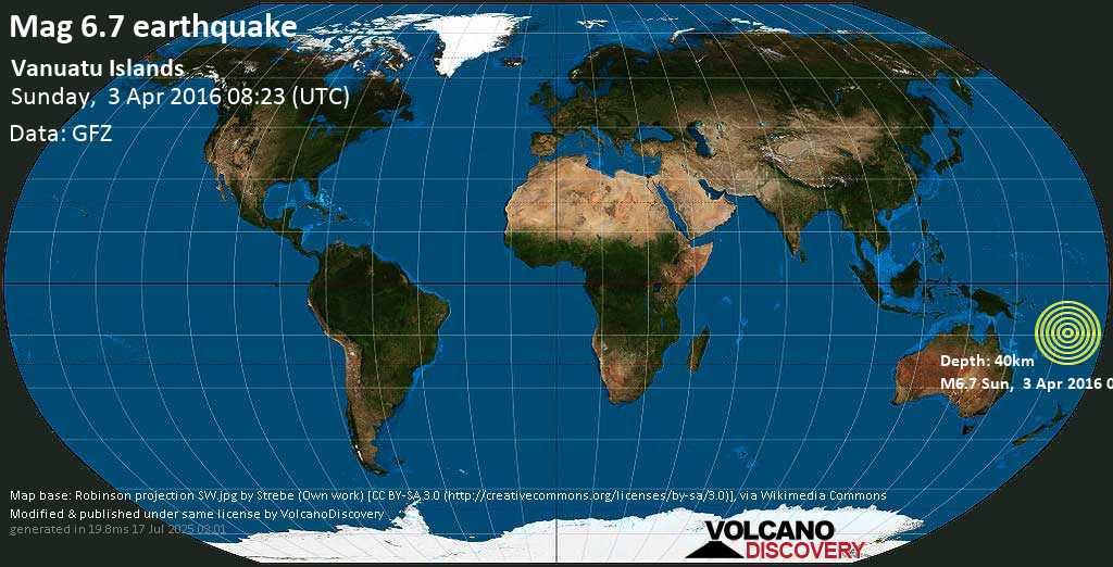 Very strong mag. 6.8 earthquake - Coral Sea, 418 km northwest of Port Vila, Shefa Province, Vanuatu, on Sunday, 3 April 2016 at 08:23 (GMT)