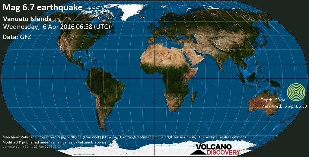 Terremoto molto forte magnitudine 6.7 - Coral Sea, 433 km a nord ovest da Port Vila, Shefa Province, Vanuatu, mercoledì, 06 apr. 2016 06:58
