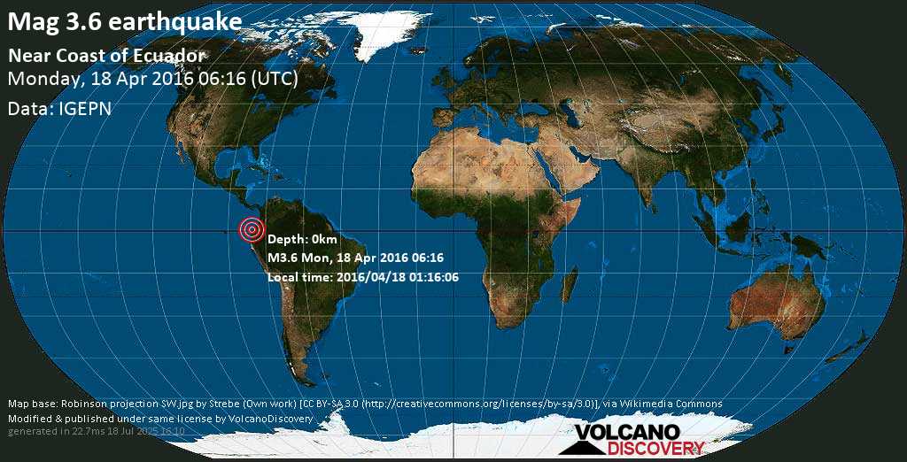 Moderate mag. 3.6 earthquake - North Pacific Ocean, 19 km southwest of Muisne, Provincia de Esmeraldas, Ecuador, on 2016/04/18 01:16:06