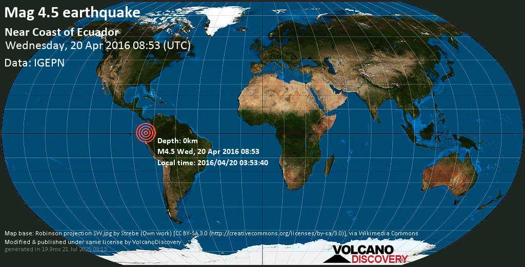 Light mag. 4.5 earthquake - Near Coast of Ecuador on Wednesday, 20 April 2016