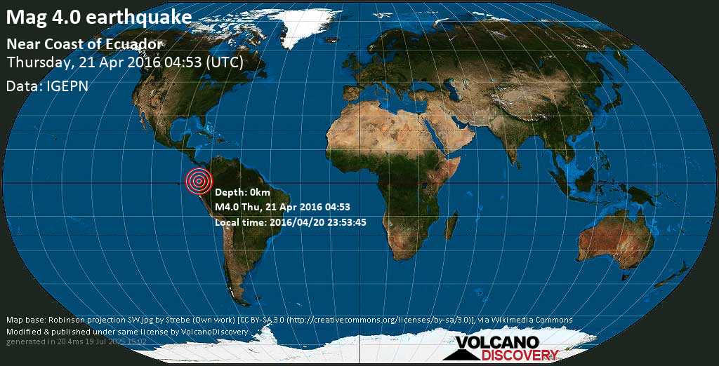 Light mag. 4.0 earthquake - Near Coast of Ecuador on Thursday, 21 April 2016