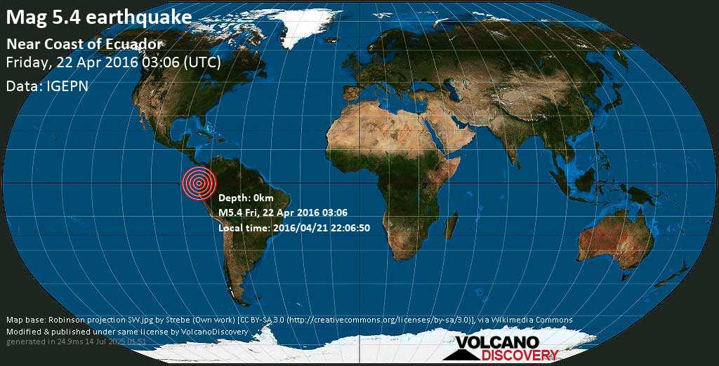Moderate mag. 5.4 earthquake - Near Coast of Ecuador on Friday, 22 April 2016