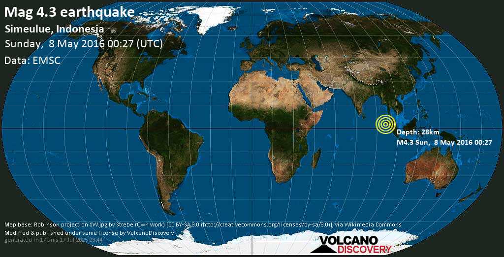Mag. 4.3 earthquake - Indian Ocean, 40 km south of Pulau Salaut-besar Island, Aceh, Indonesia, on Sunday, 8 May 2016 at 00:27 (GMT)