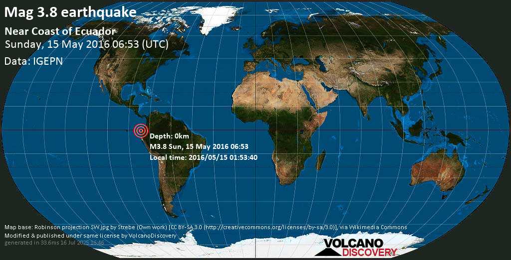 Minor mag. 3.8 earthquake - Near Coast of Ecuador on Sunday, 15 May 2016