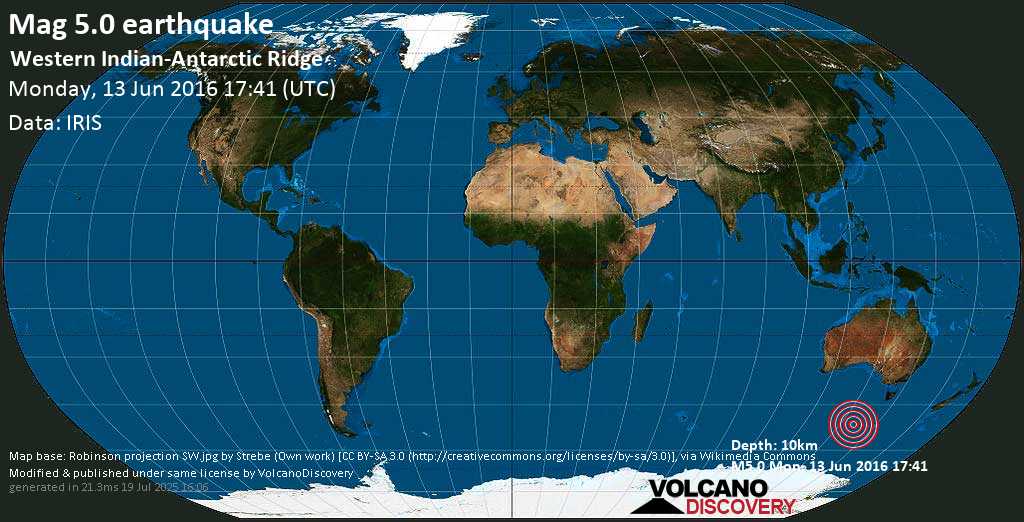Moderates Erdbeben der Stärke 5.0 - WESTERN INDIAN-ANTARCTIC RIDGE, am Montag, 13. Jun 2016 um 17:41 GMT