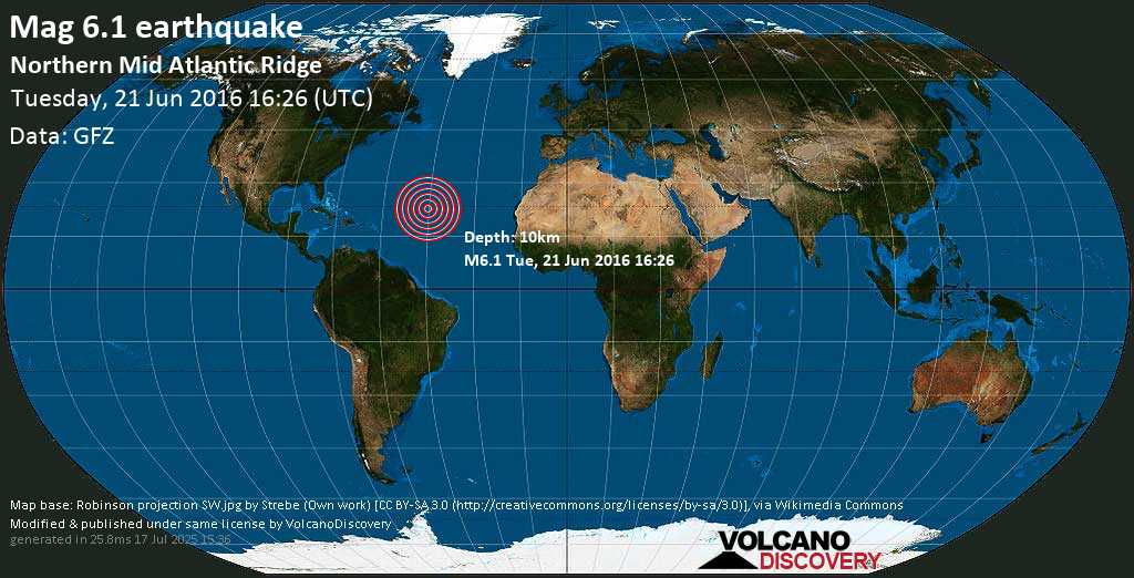 Starkes Erdbeben der Stärke 6.1 - Northern Mid Atlantic Ridge, am Dienstag, 21. Jun 2016 um 16:26 GMT