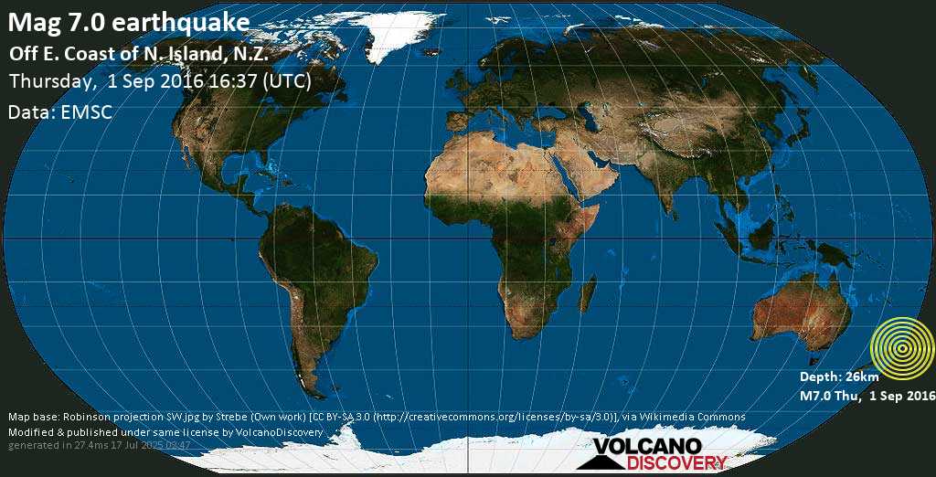 Major mag. 7.0 earthquake - OFF E. COAST OF N. ISLAND, N.Z. on Thursday, 1 September 2016