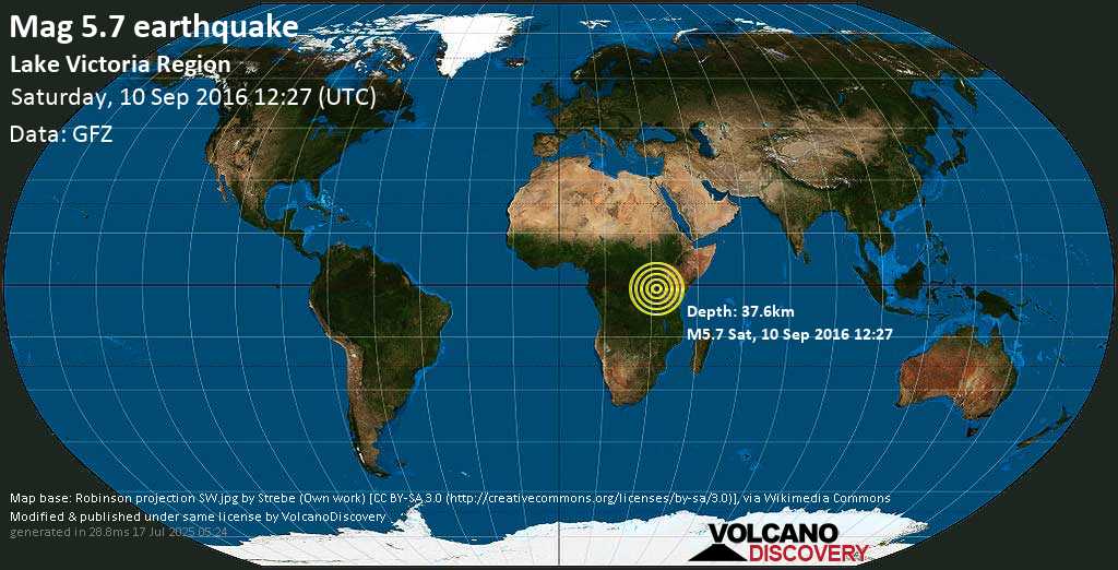 Moderate mag. 5.8 earthquake - 21 km northeast of Nsunga, Missenyi District Council, Kagera, Tanzania, on Saturday, 10 September 2016 at 12:27 (GMT)