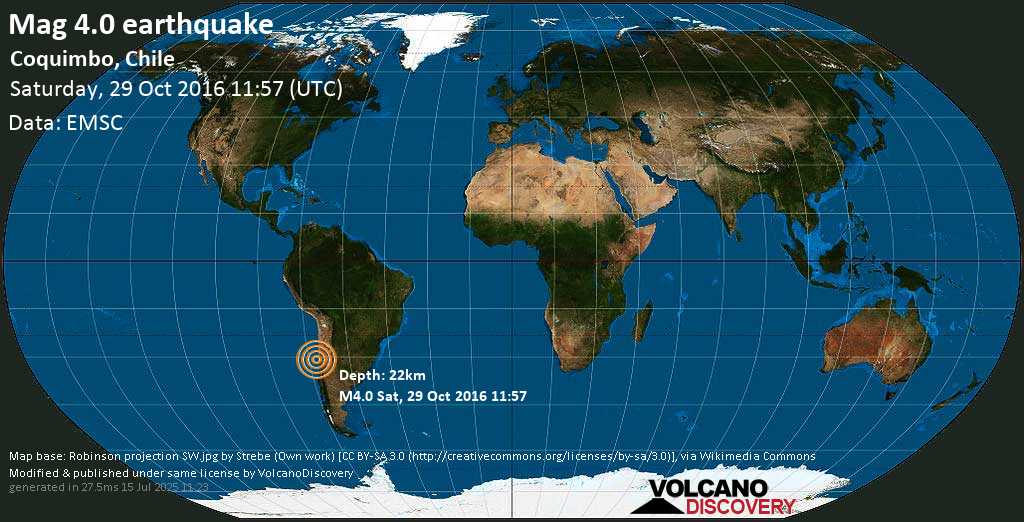 Mag. 4.0 earthquake - Limarí, 36 km west of Ovalle, Provincia de Limari, Coquimbo Region, Chile, on Saturday, 29 October 2016 at 11:57 (GMT)