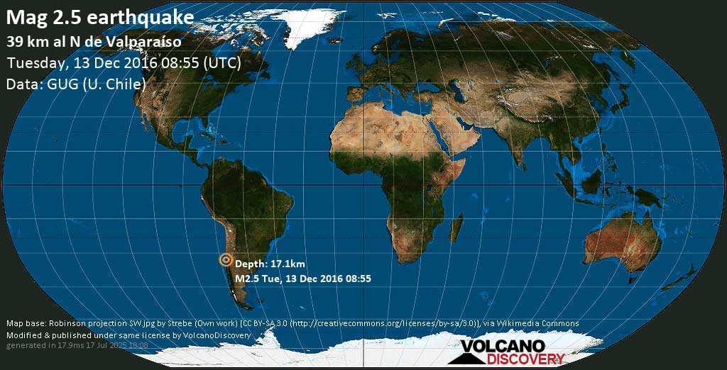 Mag. 2.5 earthquake - South Pacific Ocean, 37 km north of Valparaiso, Region de Valparaiso, Chile, on Tuesday, 13 December 2016 at 08:55 (GMT)
