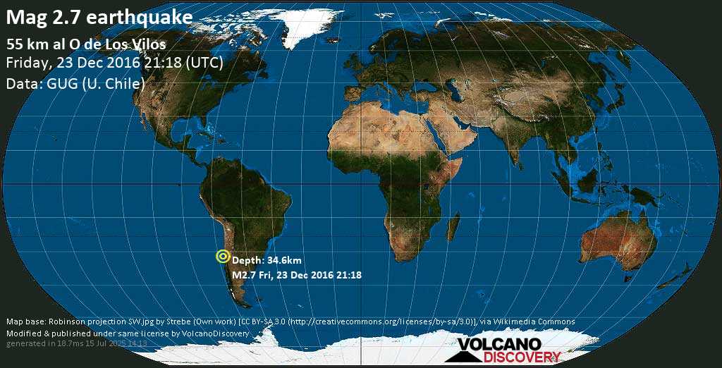 Mag. 2.7 earthquake - South Pacific Ocean, 90 km west of Illapel, Provincia de Choapa, Coquimbo Region, Chile, on Friday, 23 December 2016 at 21:18 (GMT)