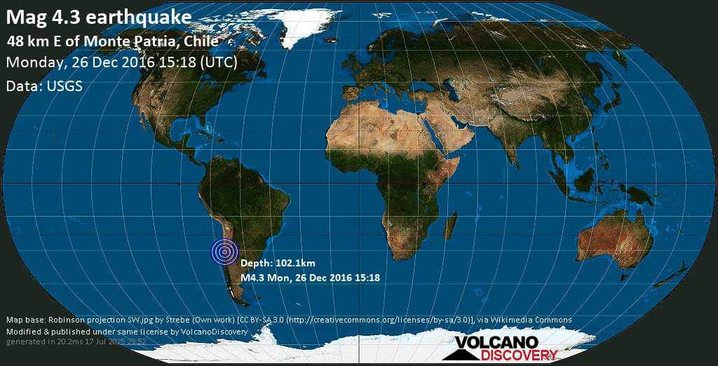 Mag. 4.0 earthquake - Limarí Province, 49 km east of Monte Patria, Provincia de Limari, Coquimbo Region, Chile, on Monday, 26 December 2016 at 15:18 (GMT)