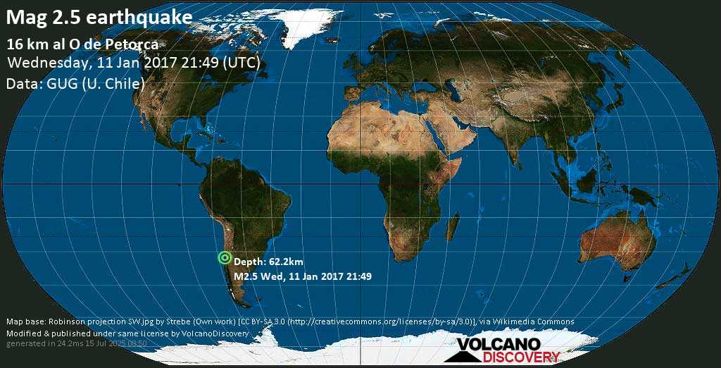 Mag. 2.5 earthquake - 21 km northeast of La Ligua, Petorca Province, Valparaiso, Chile, on Wednesday, 11 January 2017 at 21:49 (GMT)