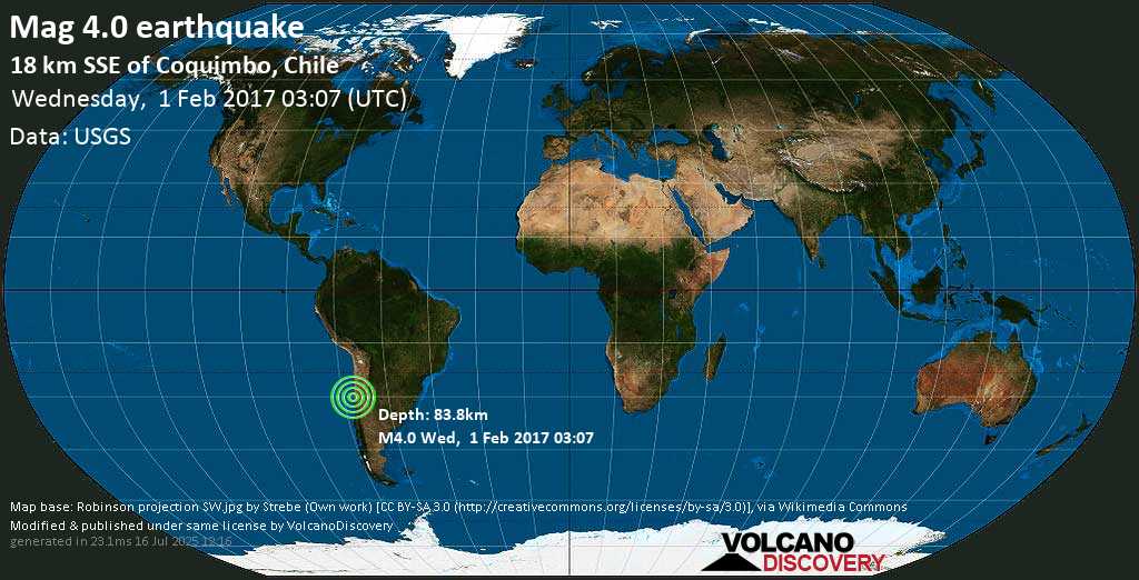 Mag. 4.0 earthquake - Elqui, 19 km south of Coquimbo, Provincia de Elqui, Coquimbo Region, Chile, on Wednesday, 1 February 2017 at 03:07 (GMT)