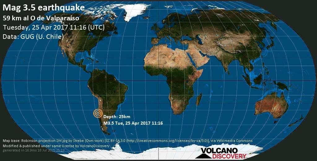 Mag. 3.5 earthquake - South Pacific Ocean, 58 km west of Valparaiso, Region de Valparaiso, Chile, on Tuesday, 25 April 2017 at 11:16 (GMT)