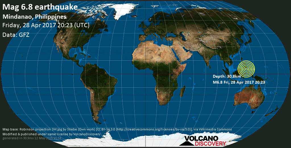 Very strong mag. 6.8 earthquake - Celebes Sea, 38 km southwest of Glan, Sarangani, Soccsksargen, Philippines, on Friday, April 28, 2017 at 20:23 GMT
