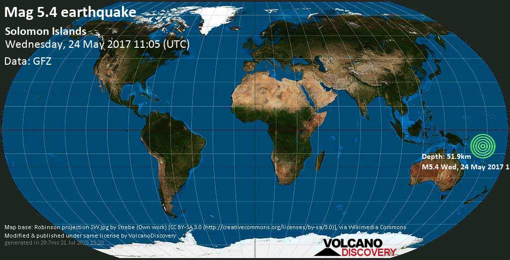 Moderate mag. 5.5 earthquake - Solomon Islands on Wednesday, 24 May 2017 at 11:05 (GMT)