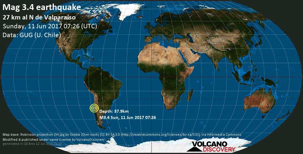 Mag. 3.4 earthquake - South Pacific Ocean, 25 km north of Viña del Mar, Provincia de Valparaiso, Chile, on Sunday, 11 June 2017 at 07:26 (GMT)
