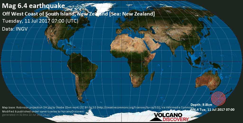 Strong mag. 6.1 earthquake - New Zealand on Tuesday, 11 July 2017 at 07:00 (GMT)
