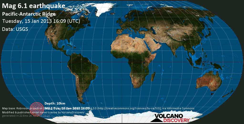 Strong mag. 6.1 earthquake - Pacific-Antarctic Ridge on Tuesday, 15 January 2013