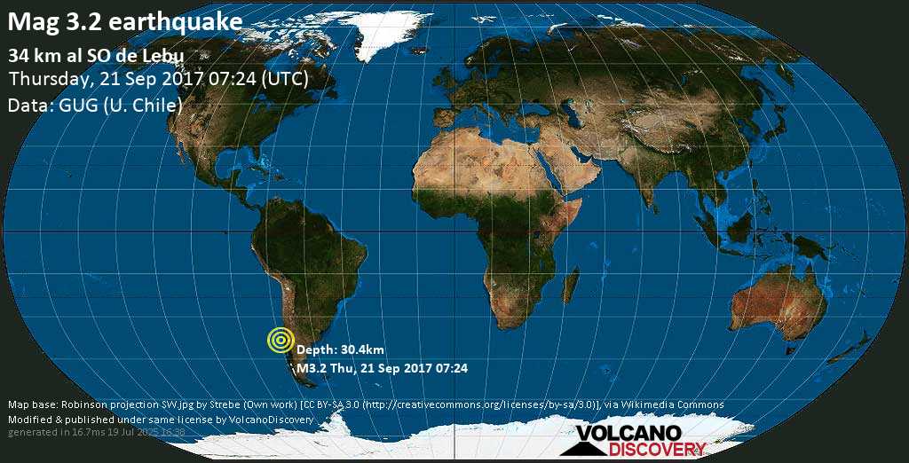Minor mag. 3.2 earthquake - 34 km al SO de Lebu on Thursday, 21 September 2017
