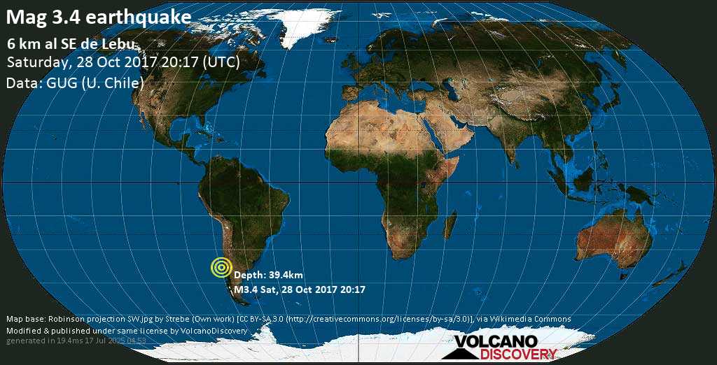 Minor mag. 3.4 earthquake - 6 km al SE de Lebu on Saturday, 28 October 2017