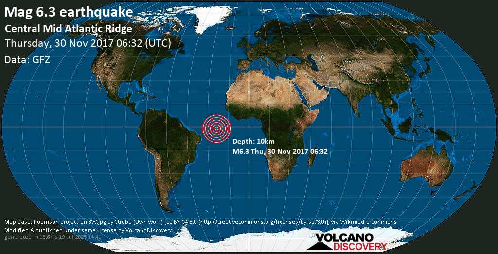 Strong mag. 6.3 earthquake - Central Mid Atlantic Ridge on Thursday, 30 November 2017
