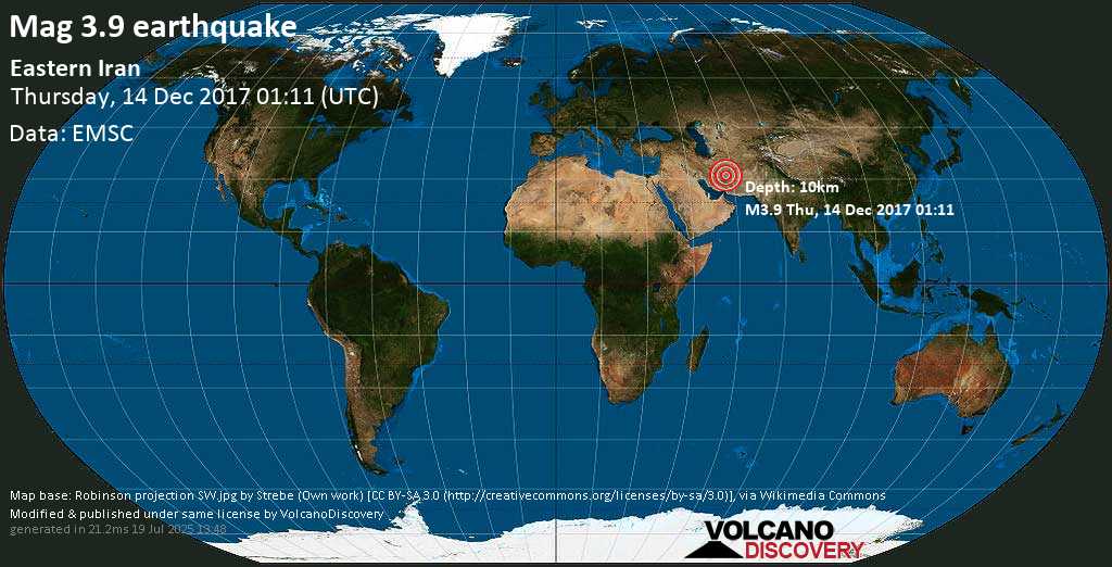 Moderate mag. 3.9 earthquake - 61 km northeast of Kerman, Iran, on Thursday, December 14, 2017 at 01:11 (GMT)