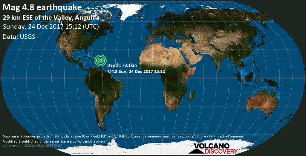 Moderate mag. 5.2 earthquake - Caribbean Sea, Guadeloupe, 26 km east of Lower Prince’s Quarter, Sint Maarten, on 2017-12-24 11:12:52 -04:00