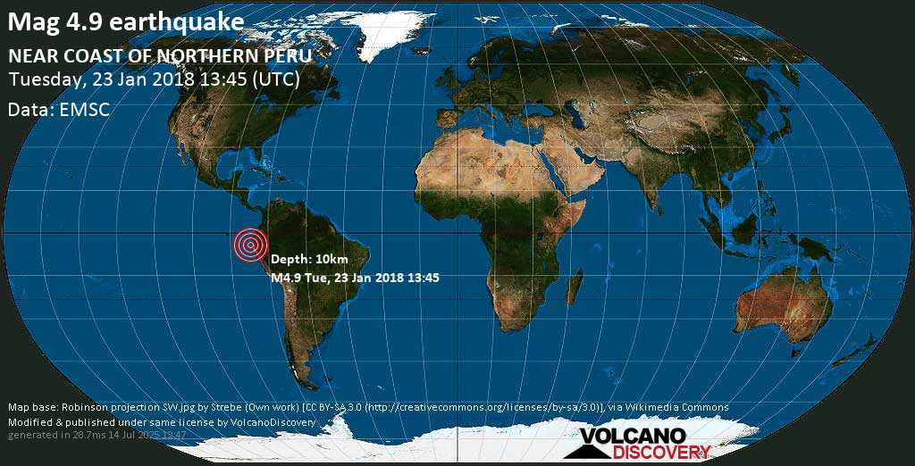 Moderate mag. 4.9 earthquake - South Pacific Ocean, 20 km west of El Alto, Provincia de Talara, Piura, Peru, on Tuesday, 23 January 2018 at 13:45 (GMT)