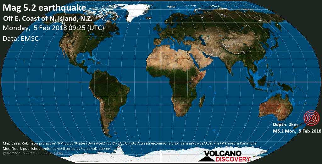 Strong mag. 5.2 earthquake - South Pacific Ocean, 392 km east of Auckland, New Zealand, on Monday, 5 February 2018 at 09:25 (GMT)