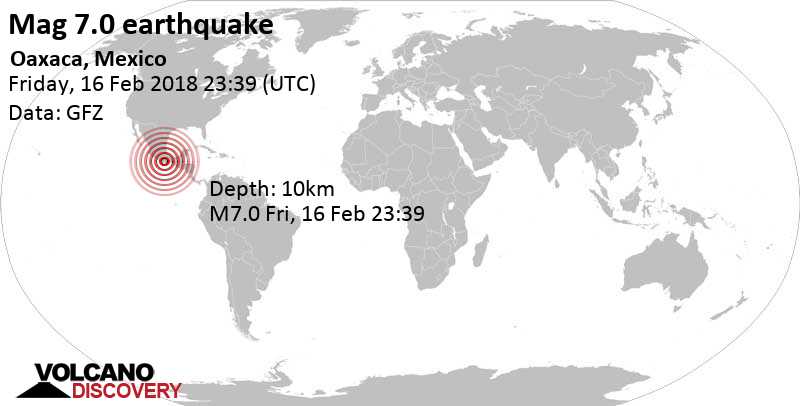Major magnitude 7.0 earthquake - 13 km southwest of Llano Tigre, Santiago Amoltepec, Oaxaca, Mexico, on Friday, February 16, 2018 at 23:39 GMT