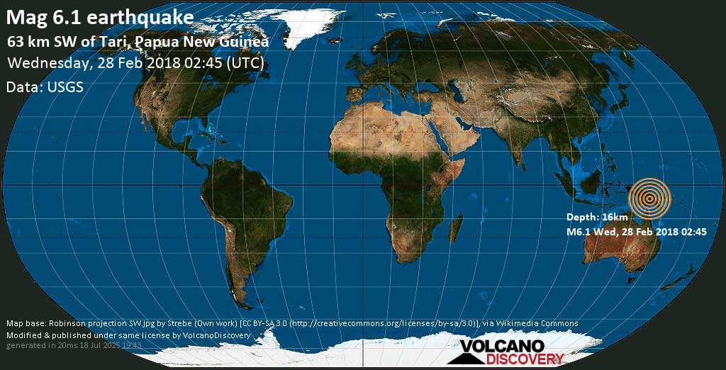 Very strong mag. 6.2 earthquake - Western Province, 62 km southwest of Tari, Papua New Guinea, on Wednesday, 28 February 2018 at 02:45 (GMT)